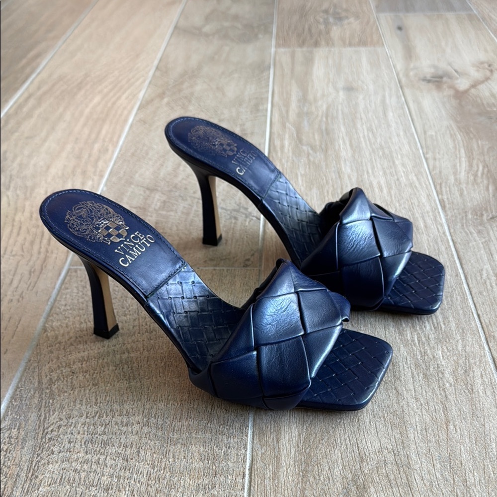 Vince Camuto Navy Braided Leather High Heel Mules